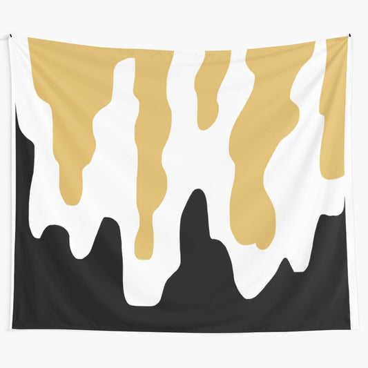 Mesmerizing abstract contemporary art tapestry with gold, black, and white melting design