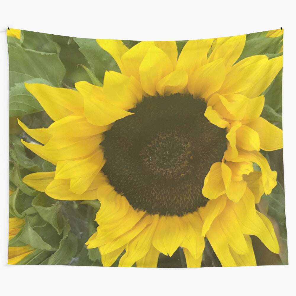 Vibrant yellow sunflower and green leaves botanical wall art tapestry