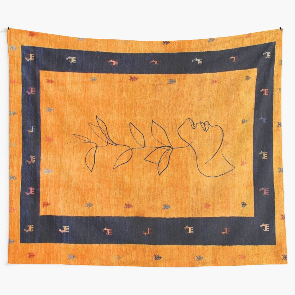 Moroccan-inspired traditional tapestry featuring a vibrant women's line artwork design