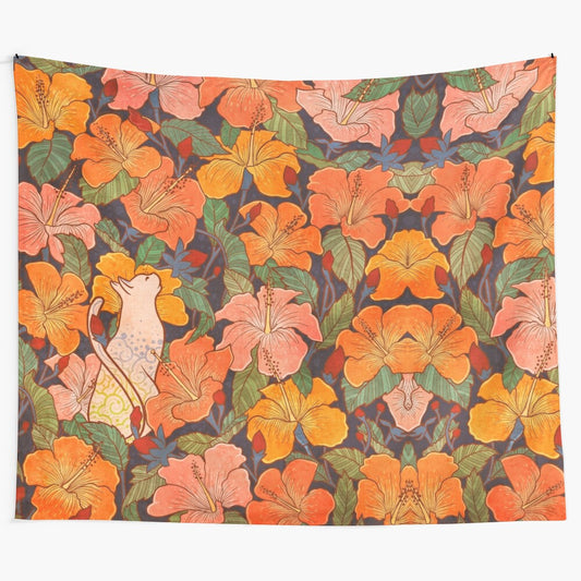 A beautiful tapestry featuring a cat and vibrant pink hibiscus flowers in a pastel, vintage-inspired design