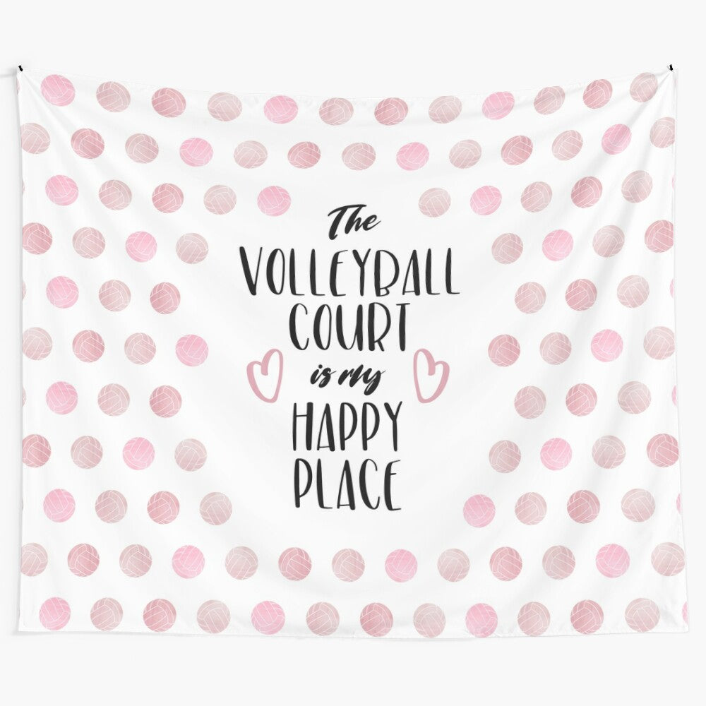 Volleyball court tapestry with pink, black, and heart typography design