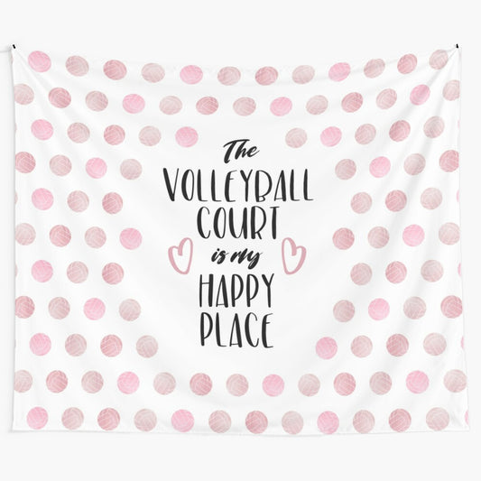 Volleyball court tapestry with pink, black, and heart typography design