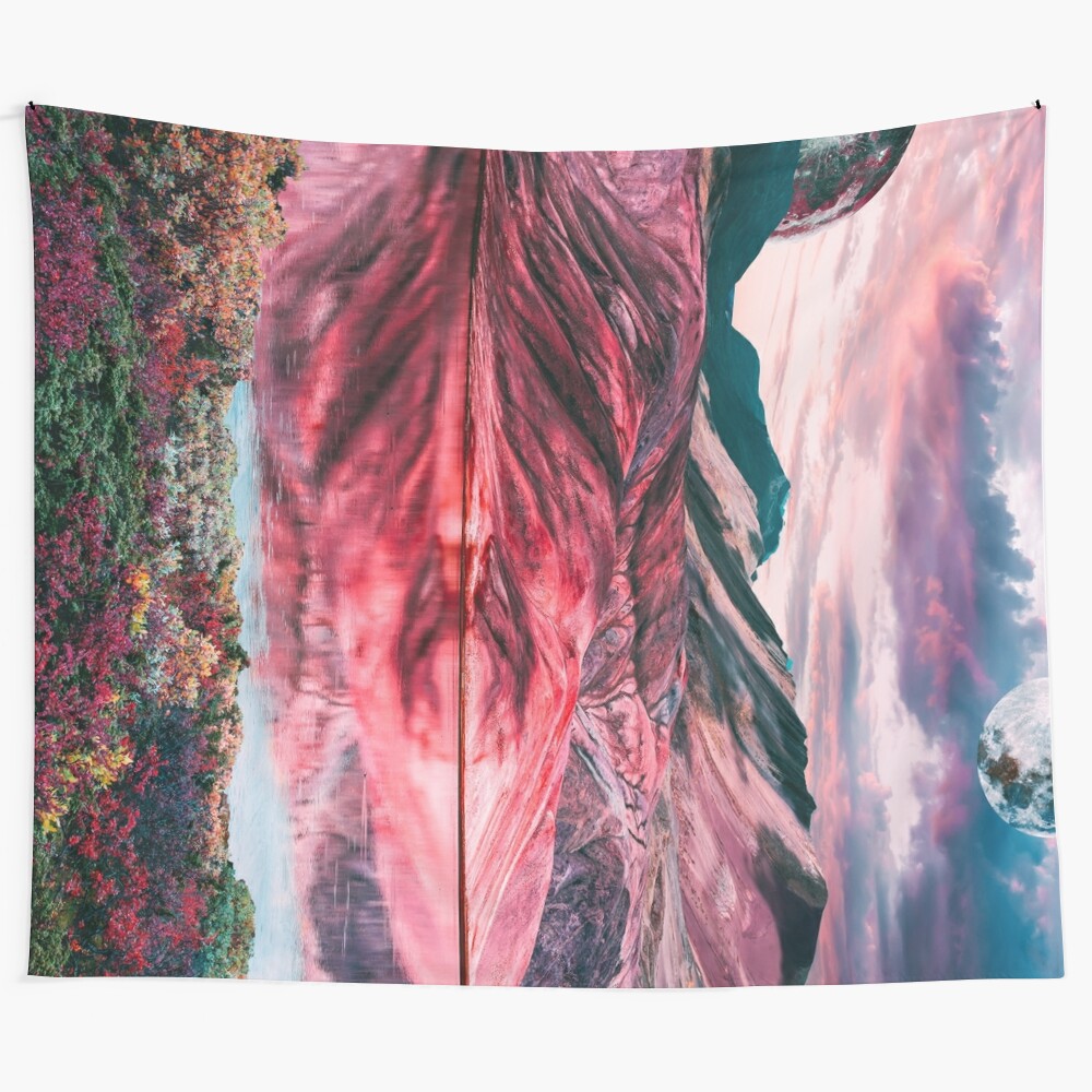 Vibrant abstract mountain landscape tapestry with floral garden and galaxy cosmos