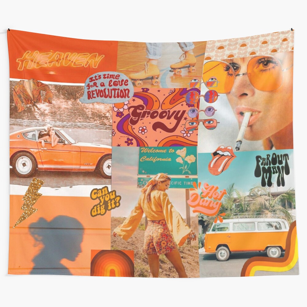 Colorful 70s style collage tapestry with groovy, psychedelic patterns