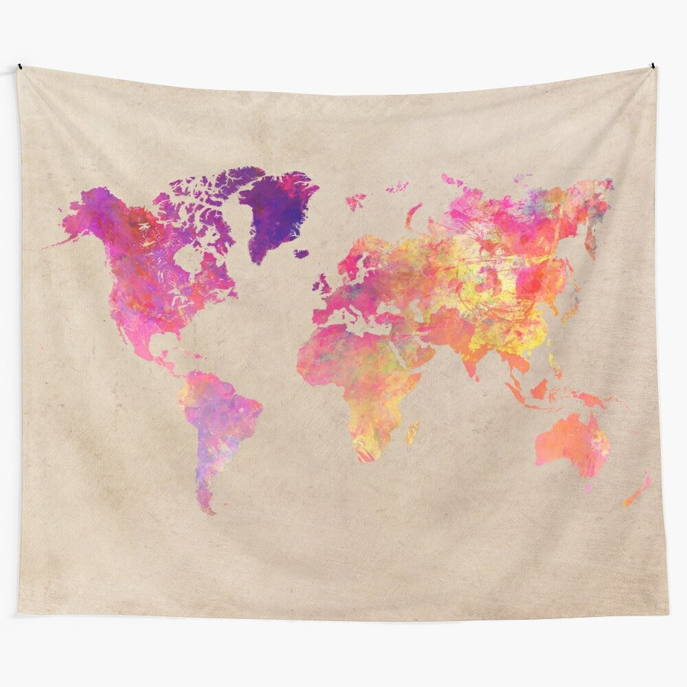 Colorful world map tapestry showcasing the continents and oceans