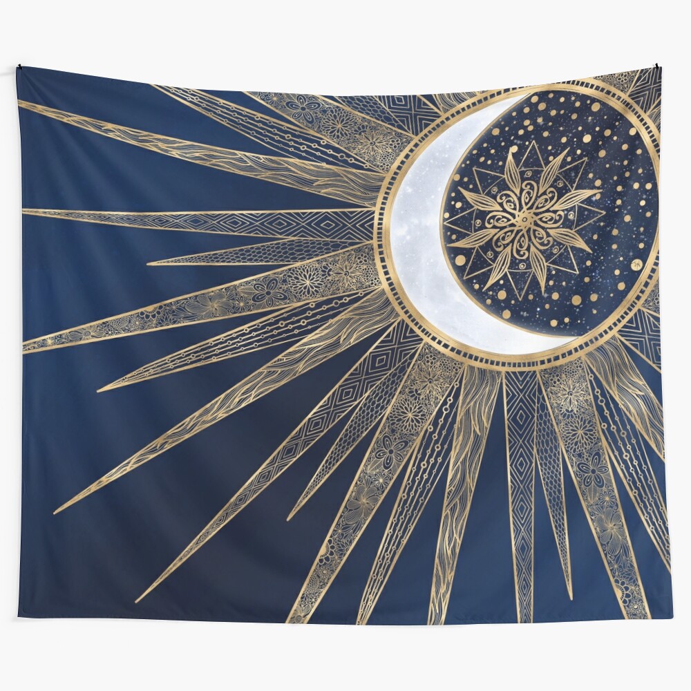 Blue gold sun moon mandala doodling art tapestry