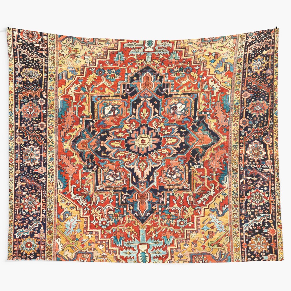 Heriz-inspired Persian carpet print tapestry featuring floral and tribal patterns