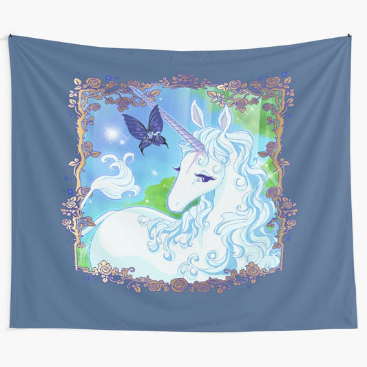 A whimsical tapestry featuring the enchanting unicorn from the beloved fantasy tale "The Last Unicorn"