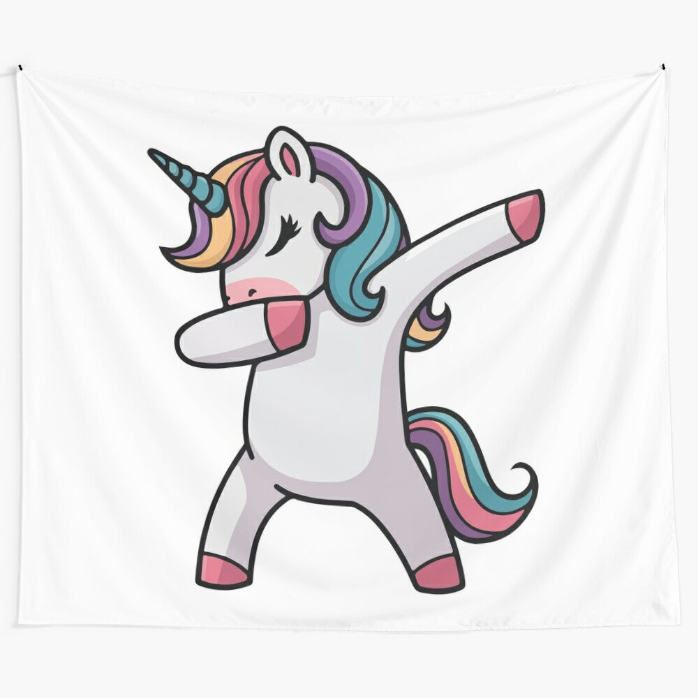 Colorful dabbing unicorn tapestry with rainbow and mythical elements