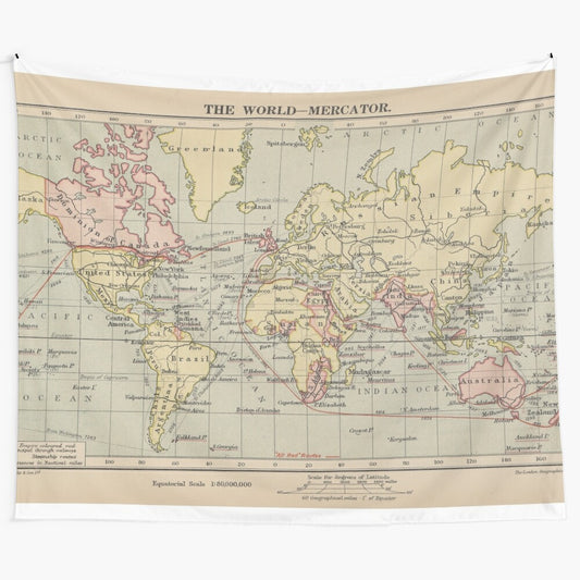 Vintage-inspired world map tapestry featuring an antique-style historical cartography design