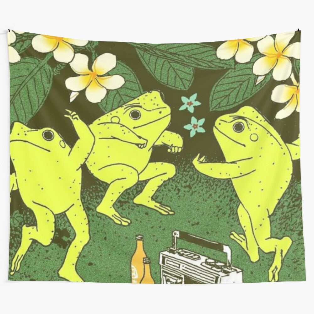 Colorful tapestry featuring playful frogs in a lush, spring-inspired meadow setting