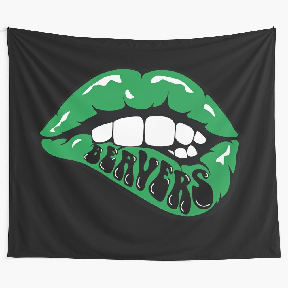 Beavers lips inspired tapestry featuring a black and green design