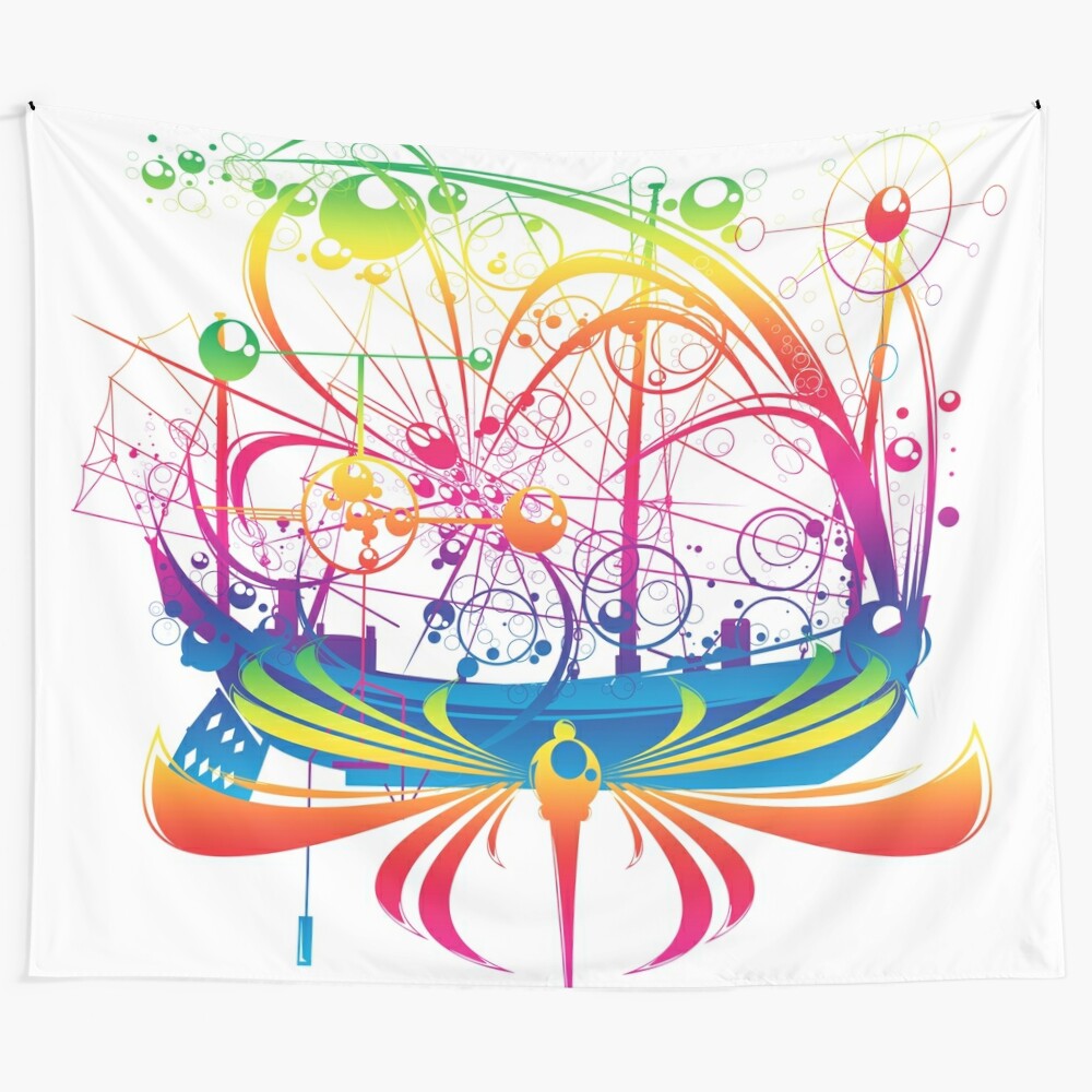 Sailing ship tapestry featuring a colorful, abstract design