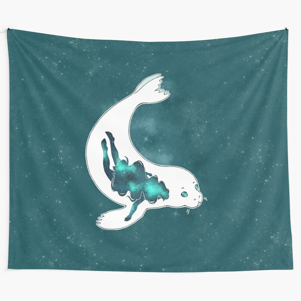 Minimalist tapestry featuring a selkie, a mythical seal-woman, swimming through a starry galaxy