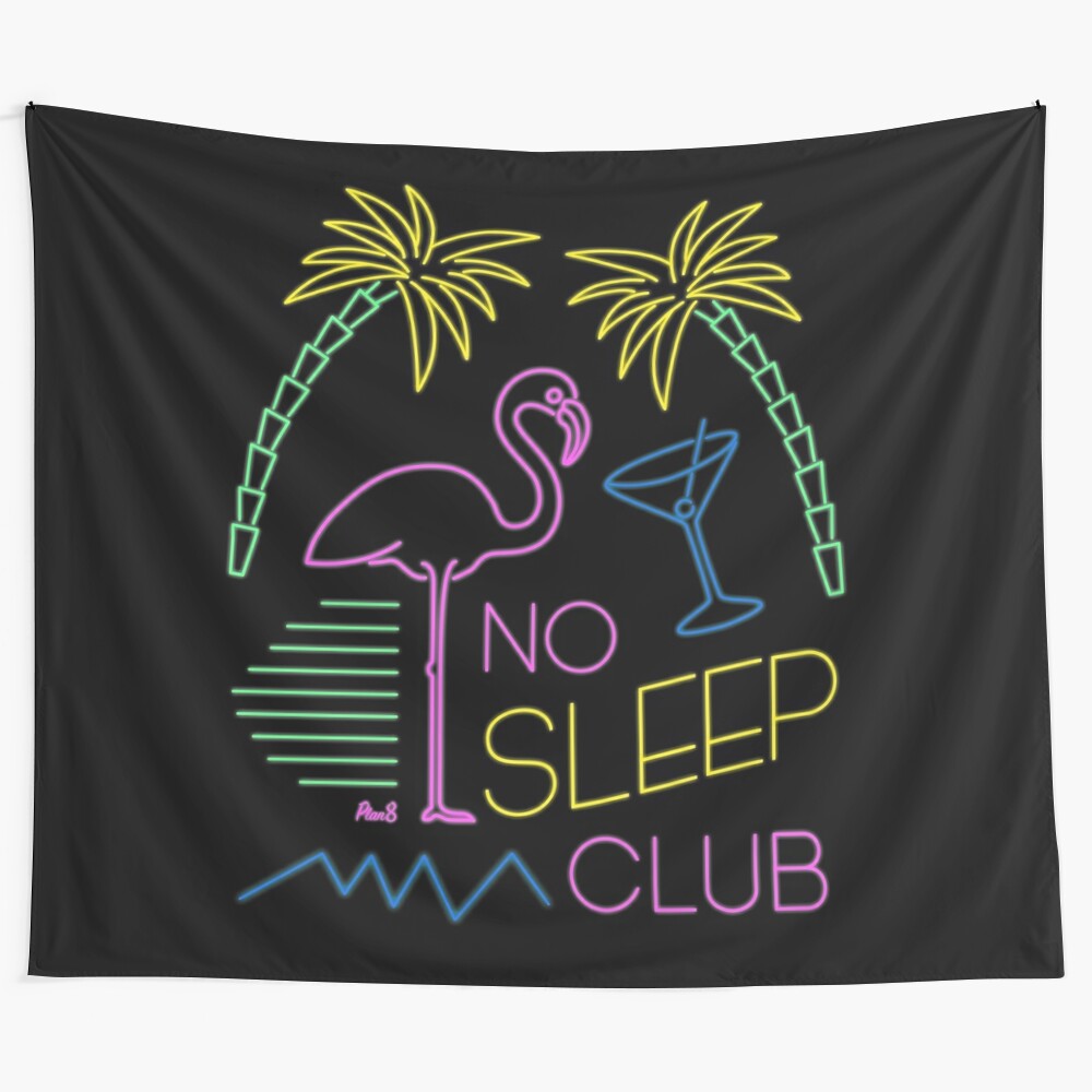 Neon retro tapestry with nostalgic 80s vibes featuring flamingos, martinis, and neon lights