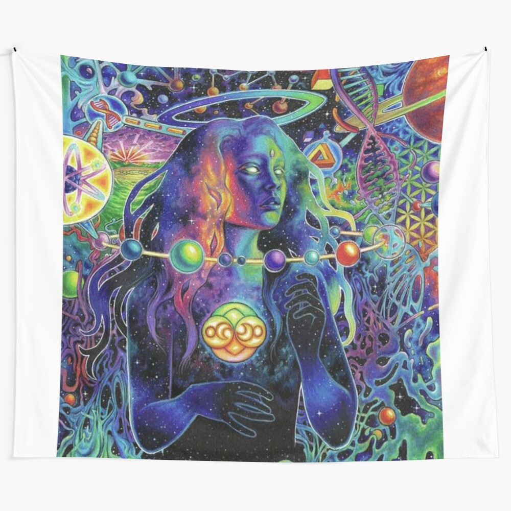 Colorful psychedelic tapestry featuring a woman with a halo and cosmic elements