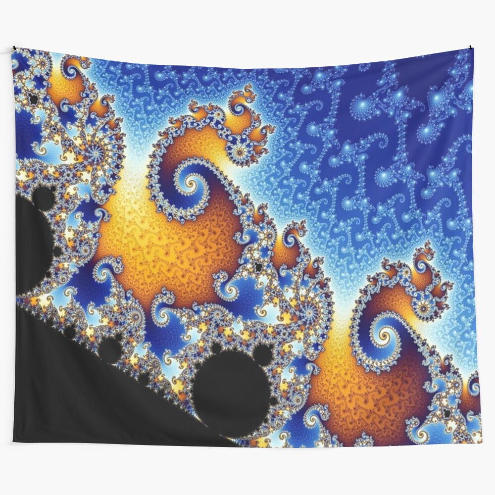 Mandelbrot blue fractal tapestry with spiral patterns and geometric designs