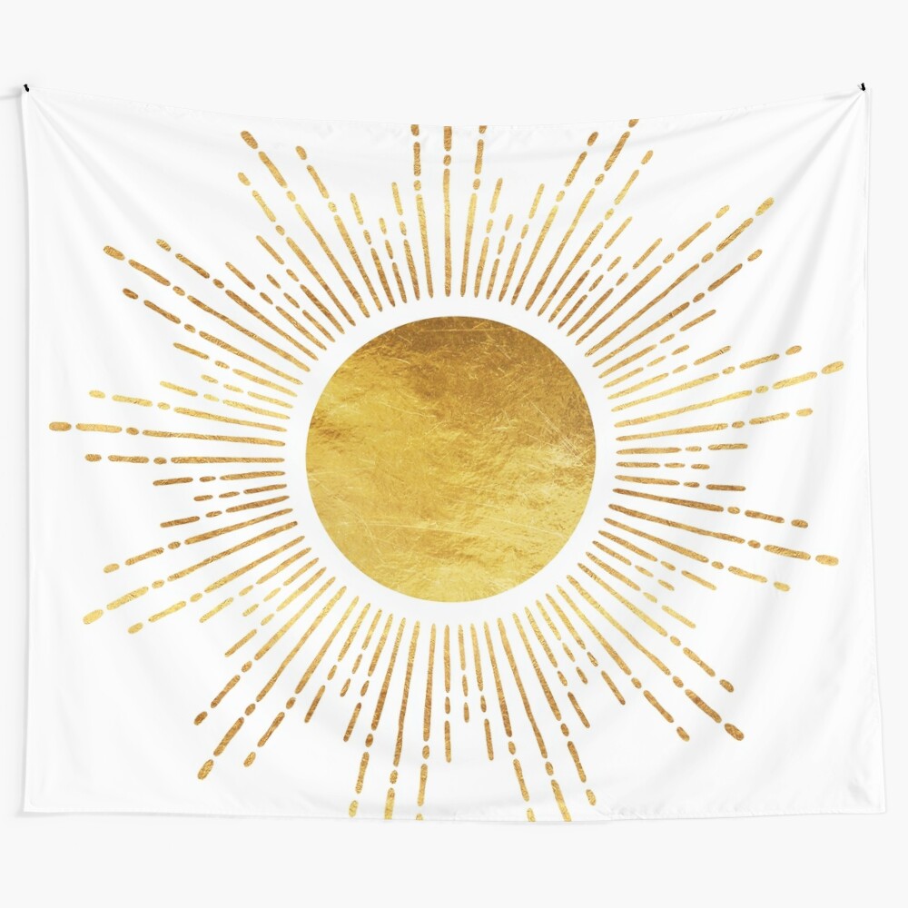 Golden sunburst abstract art wall tapestry with sun rays