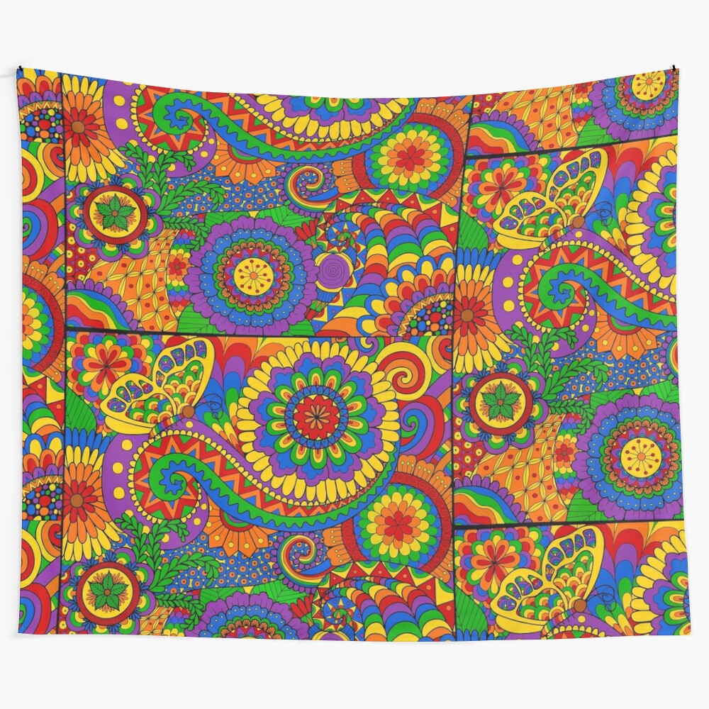 Colorful psychedelic hippie tapestry with floral and nature motifs