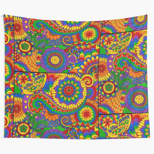 Colorful psychedelic hippie tapestry with floral and nature motifs