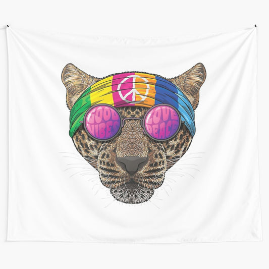 Retro hippie inspired leopard love peace sign tapestry wall hanging