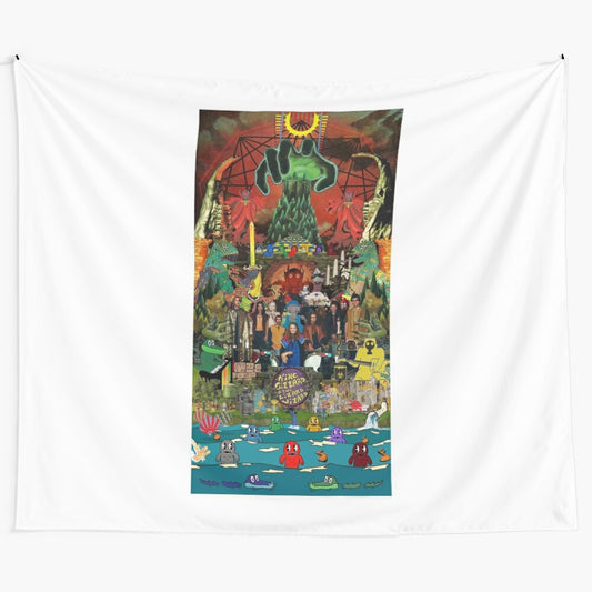 King Gizzard and the Lizard Wizard-inspired collage tapestry featuring various band elements