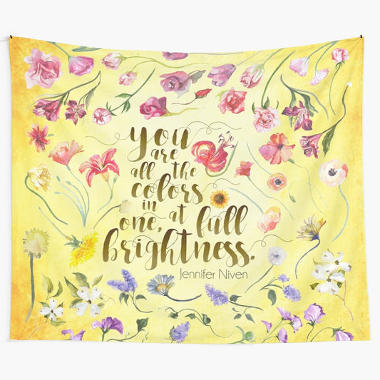 Tapestry featuring a quote from "All The Bright Places" book with floral and watercolor design