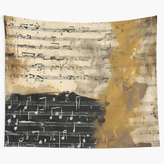 Grungy music sheets design tapestry with mustard color accents