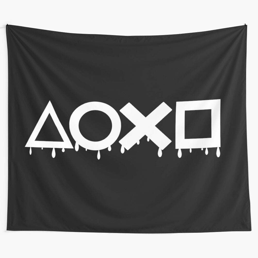 Playstation-themed black and white tapestry with gaming symbols