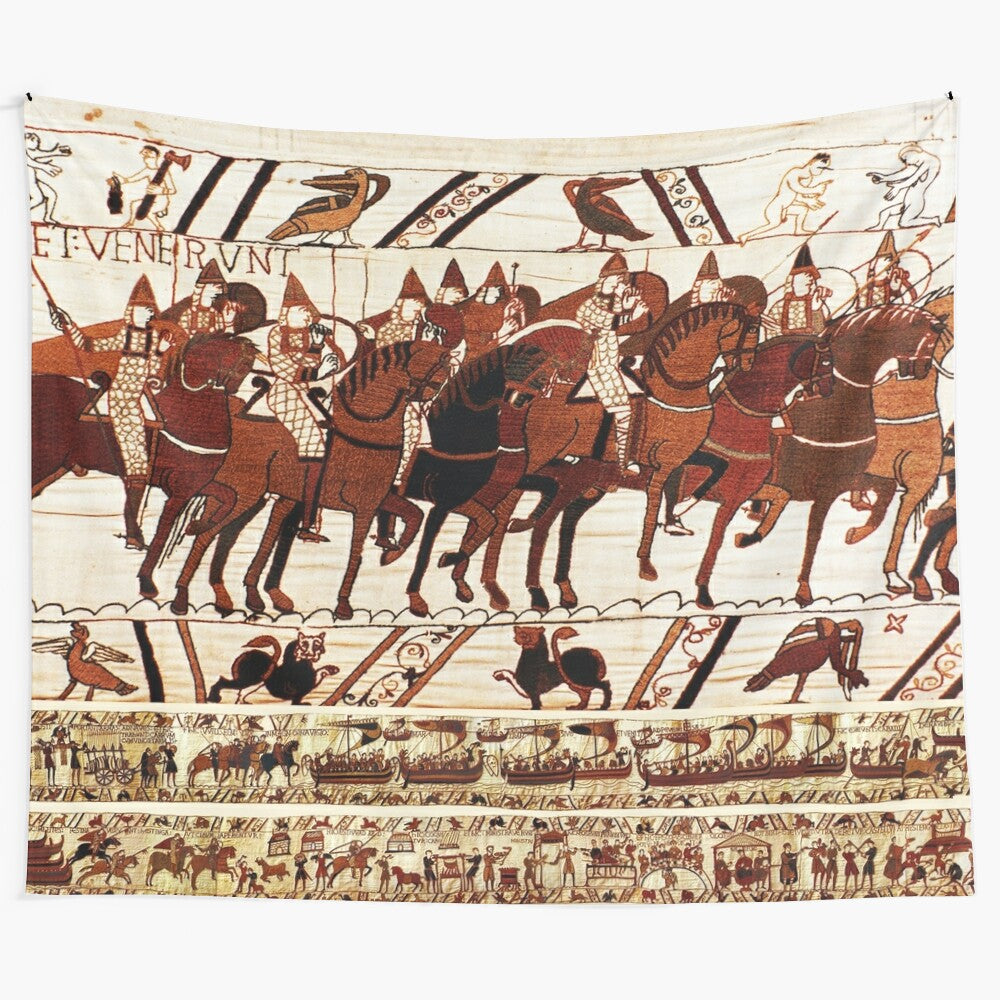 Vintage embroidered tapestry depicting Norman knights on horseback in the Battle of Hastings