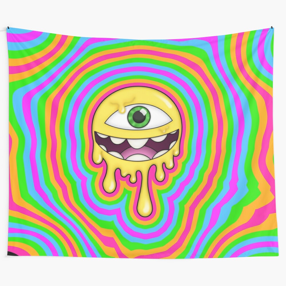 Drippy Round Cyclops Tapestry with psychedelic, abstract design