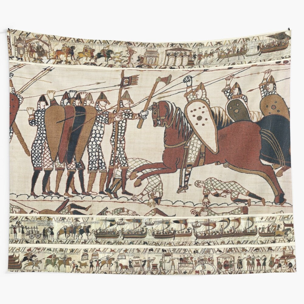 Detailed embroidered medieval tapestry depicting the Battle of Hastings between Norman knights and Saxon forces