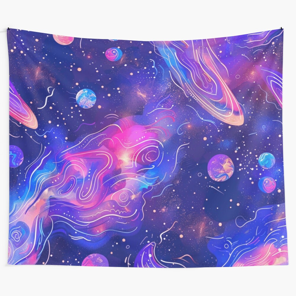 Neon space-themed tapestry with planets, stars, and a tie-dye galaxy design