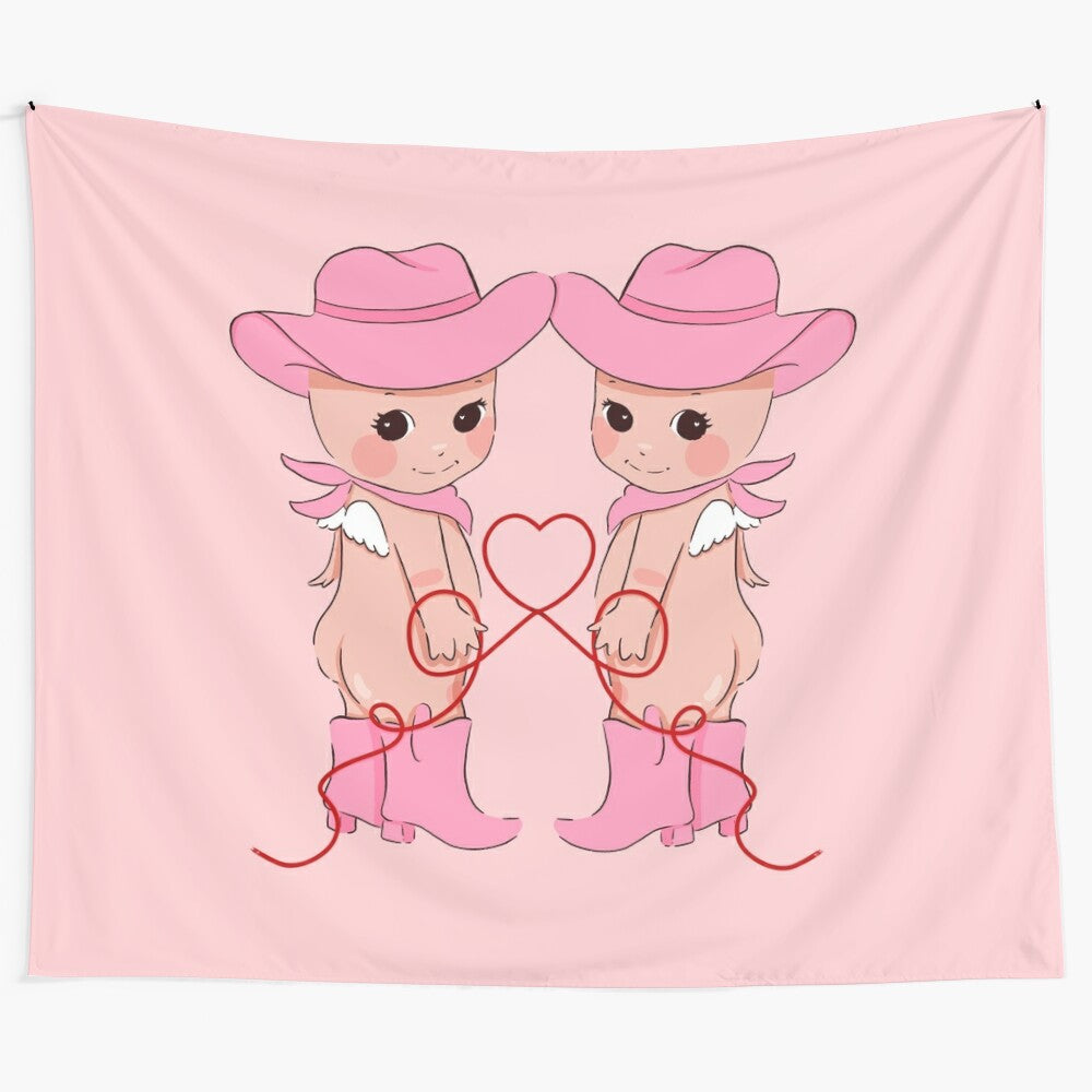 Pink cowgirl cherub tapestry with a cute, whimsical design