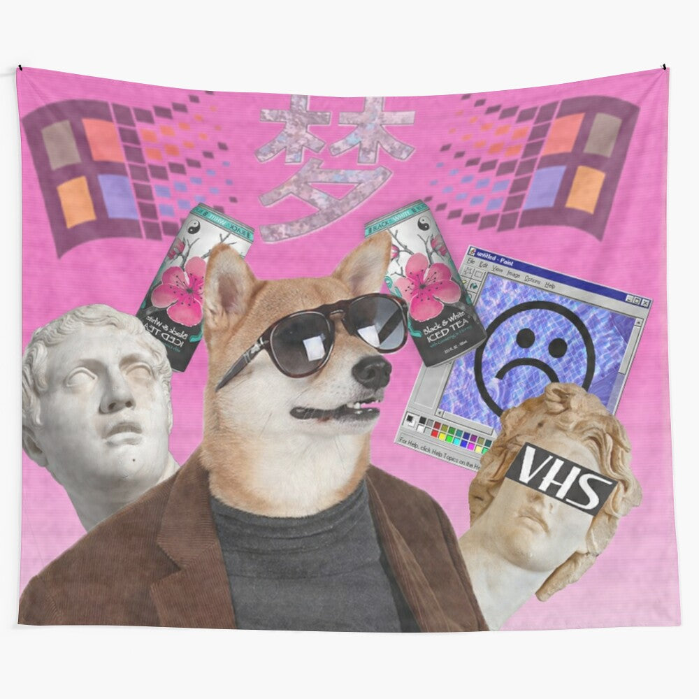 Surreal vaporwave-style tapestry featuring a psychedelic dog