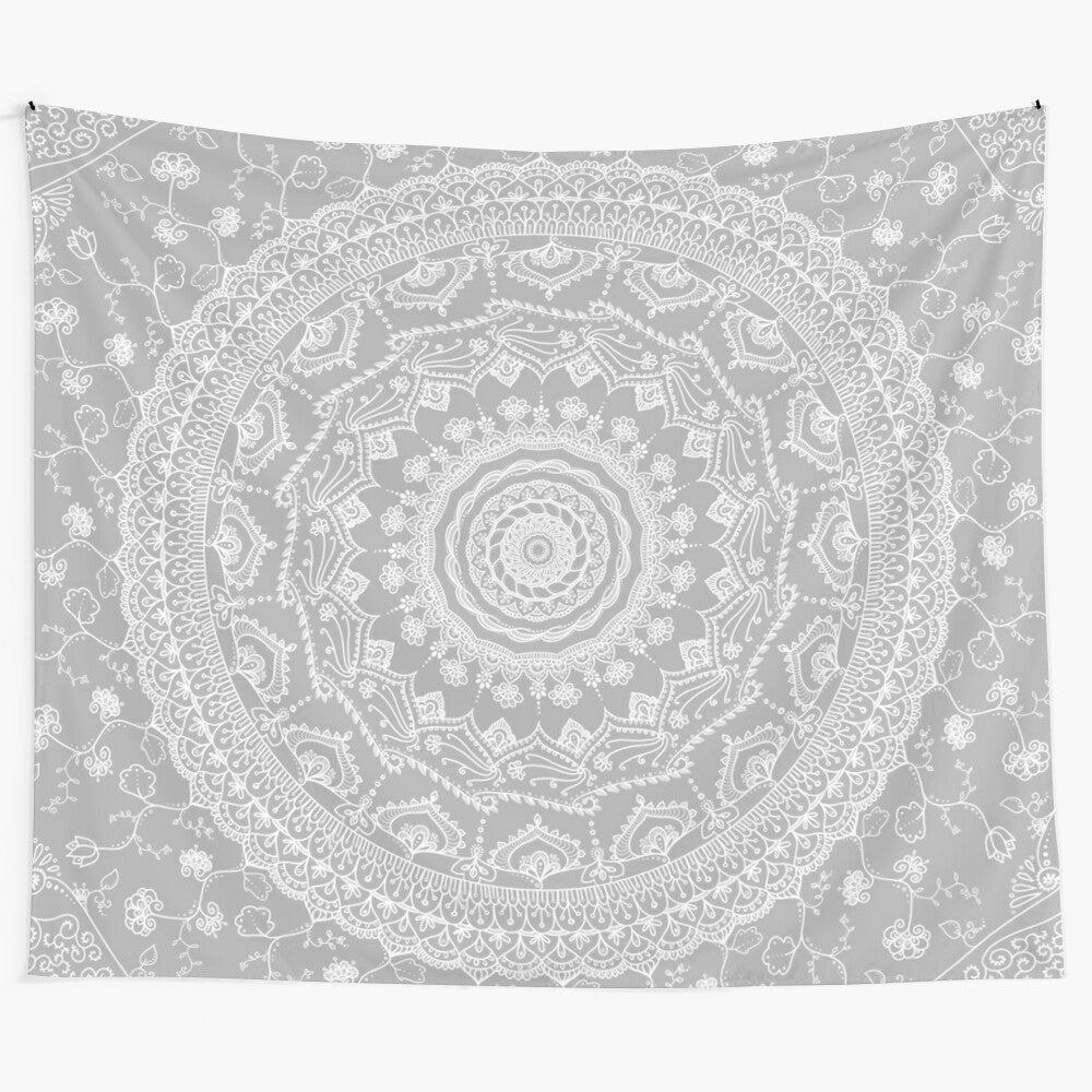 Soft gray mandala tapestry with floral and garden elements for meditation and yoga