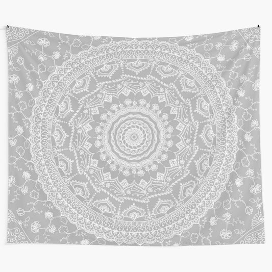 Soft gray mandala tapestry with floral and garden elements for meditation and yoga