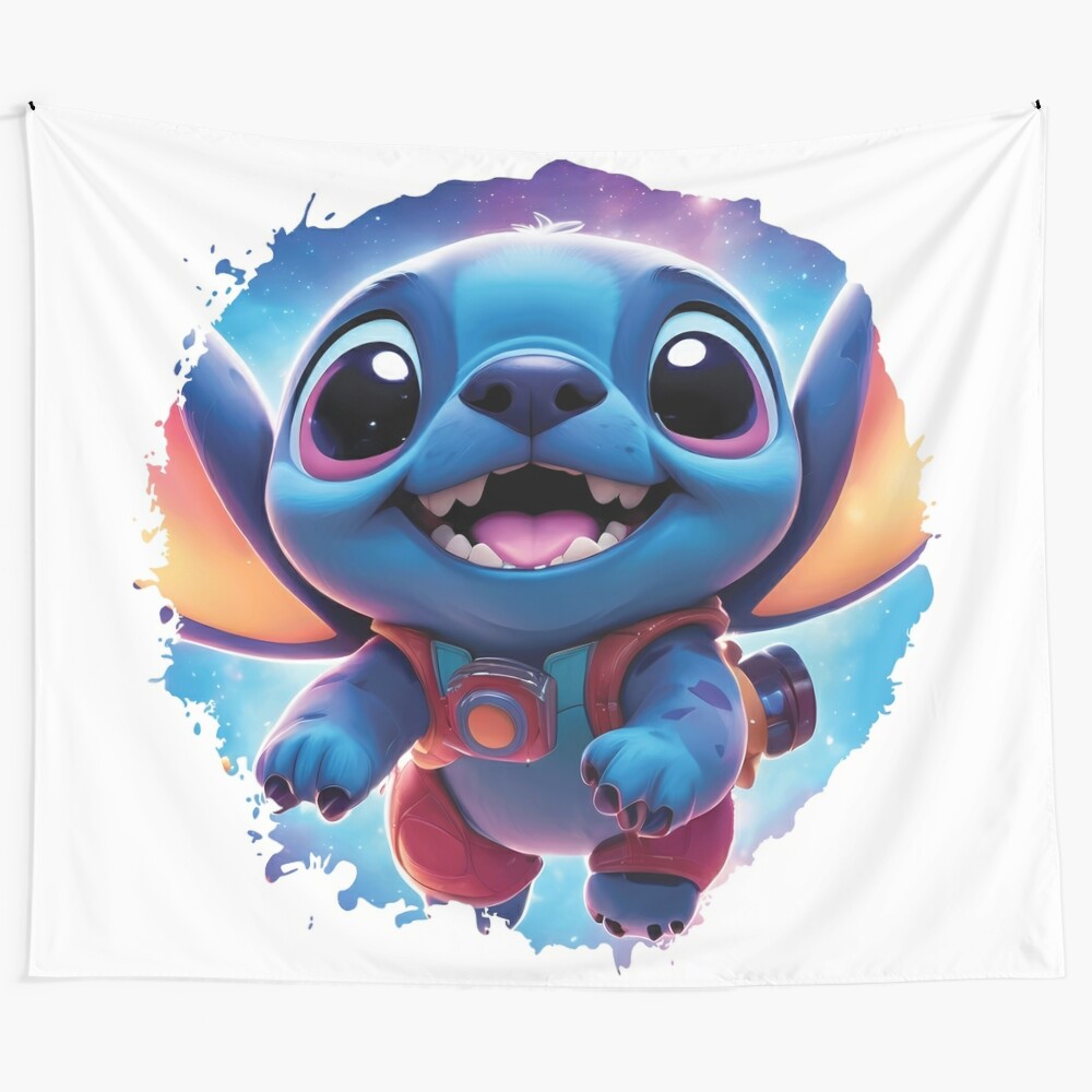 Stitch the alien character from Lilo & Stitch flying a small spaceship through a star-filled galaxy tapestry artwork