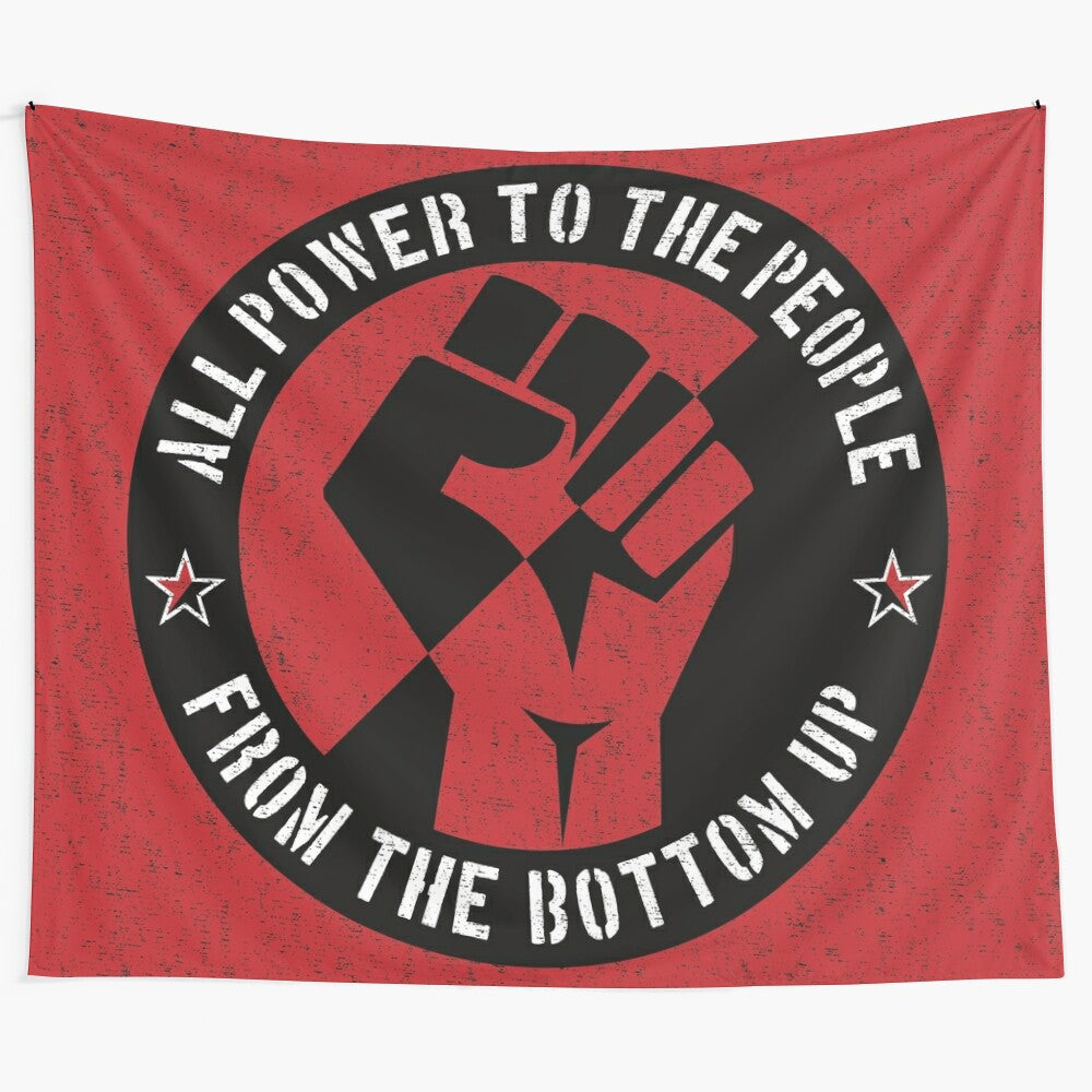 Radical tapestry design with the power to the people fist symbol