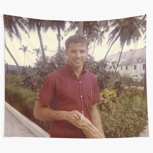 Vintage-style tapestry featuring a young Joe Biden