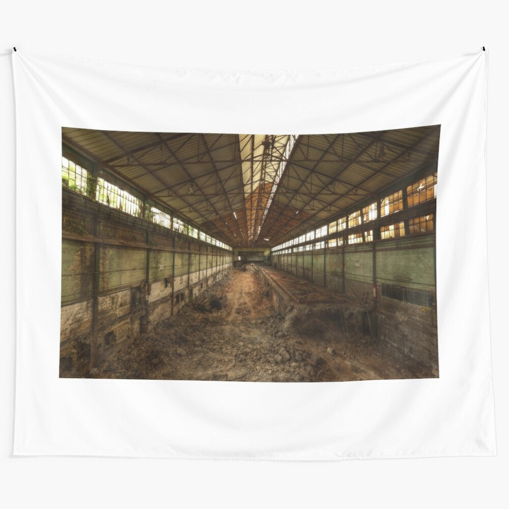 Abandoned industrial factory tapestry featuring urbex photography