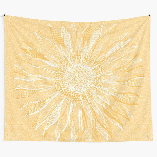 Mandala flower of life sunflower tapestry in soft yellow hues