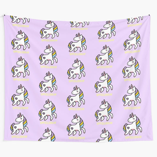 Colorful unicorn tapestry with kids coloring elements