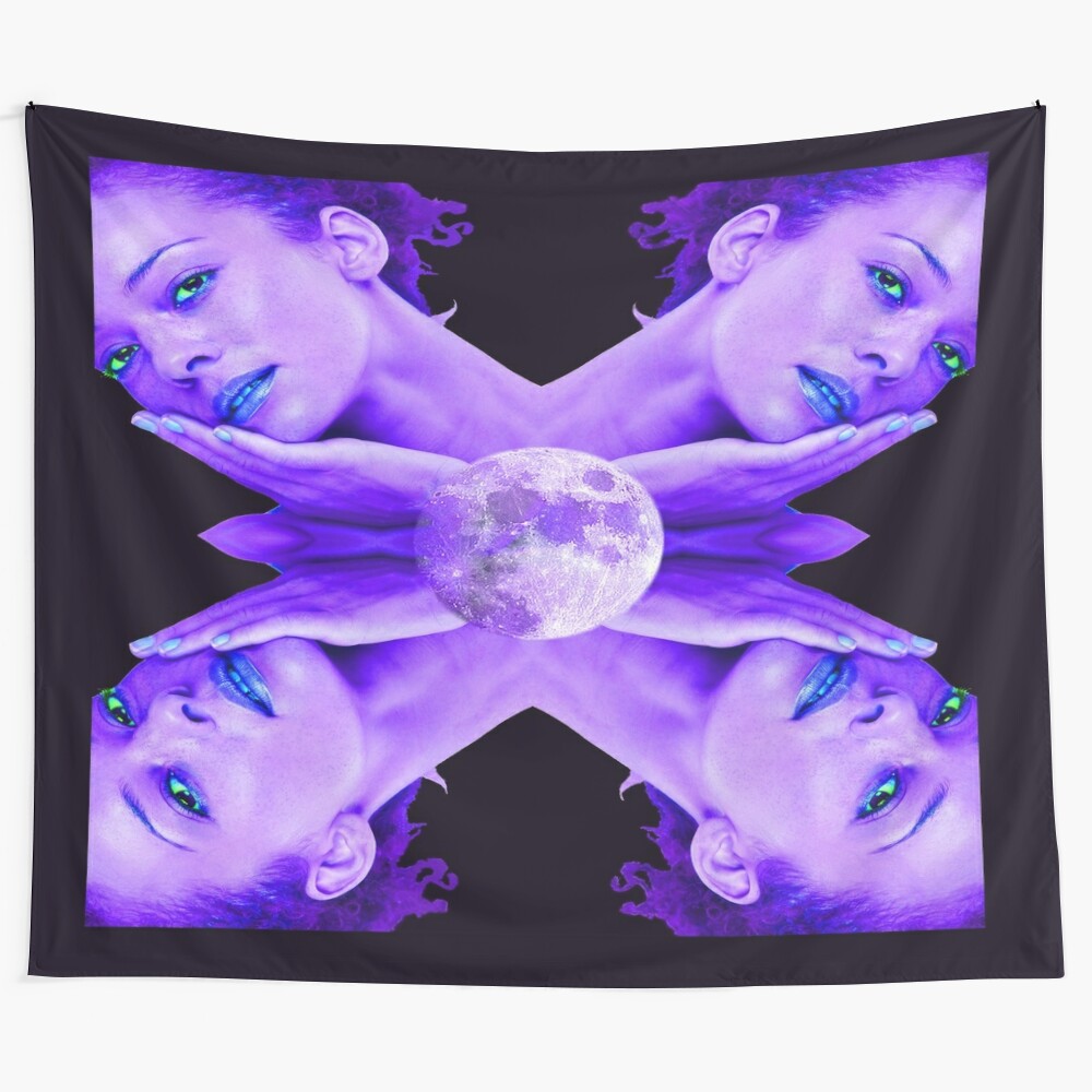 Moon goddess tapestry featuring a colorful, abstract design of a female figure surrounded by celestial elements