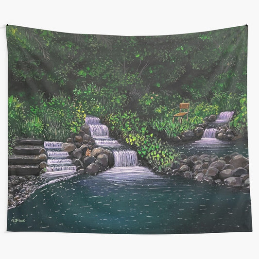 Surreal nature tapestry depicting a tranquil, psychedelic forest landscape