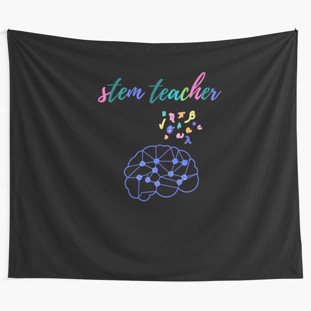 STEM teacher tapestry design with education and school-related elements