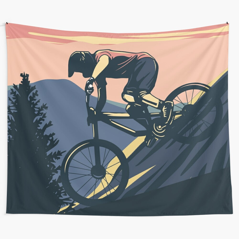 Downhill mountain biking tapestry featuring an adventurous biker riding down a rugged trail