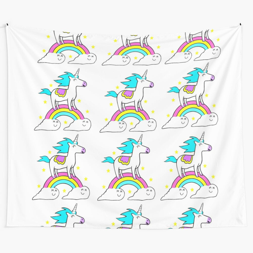 Magical unicorn riding on clouds, tapestry wall art