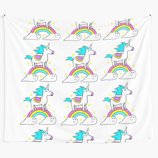 Magical unicorn riding on clouds, tapestry wall art