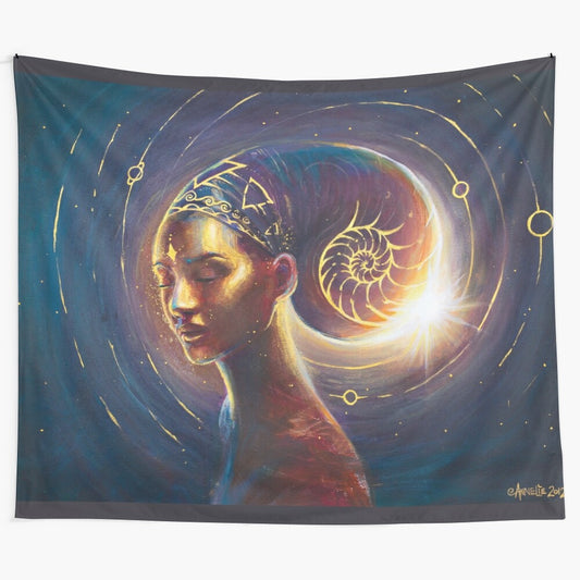 Celestial Empress Feminine Divine Tapestry - Spiritual Wall Art depicting goddess, spiral, moon, and sacred geometry